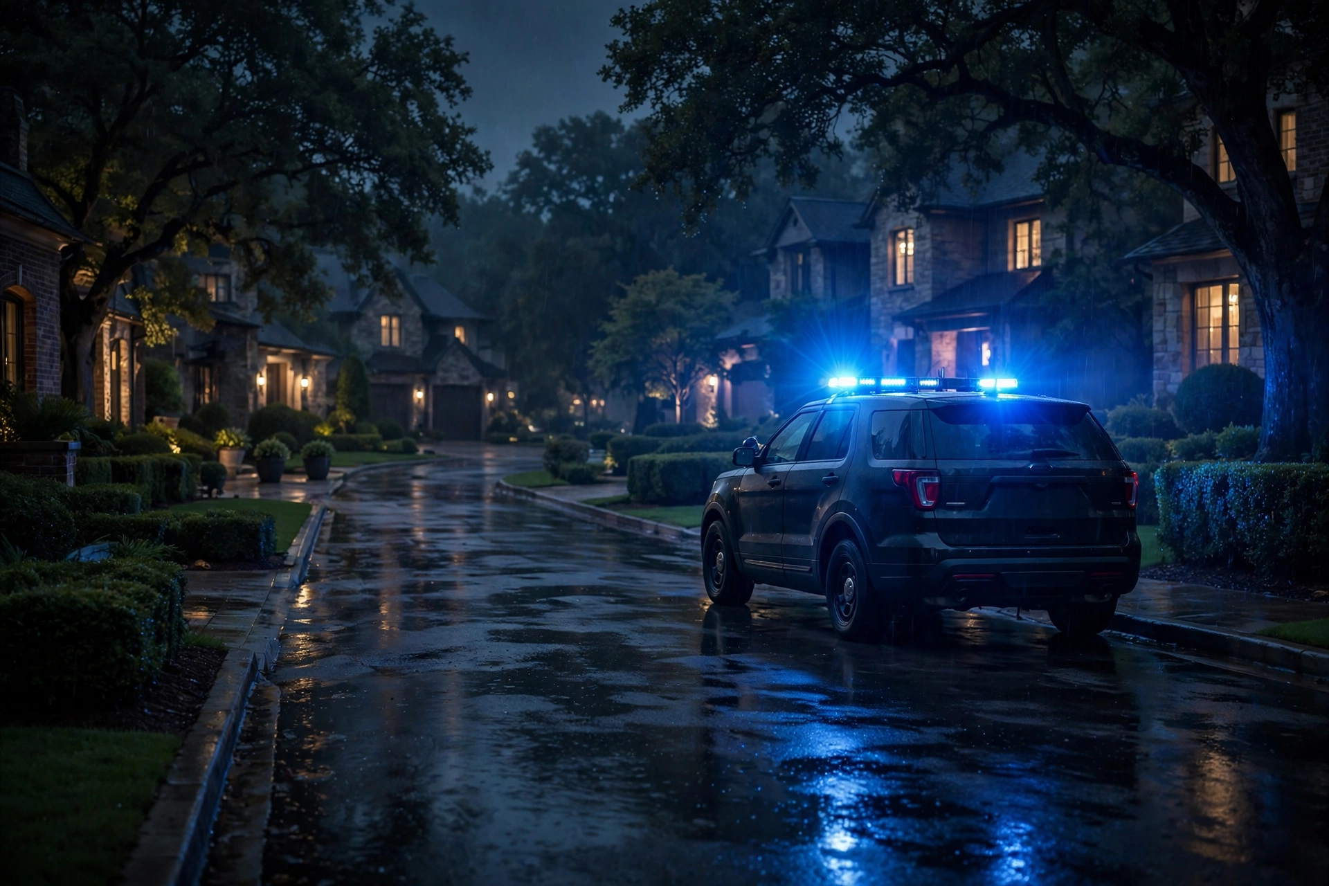 Police vehicle with flashing lights on a residential street at night