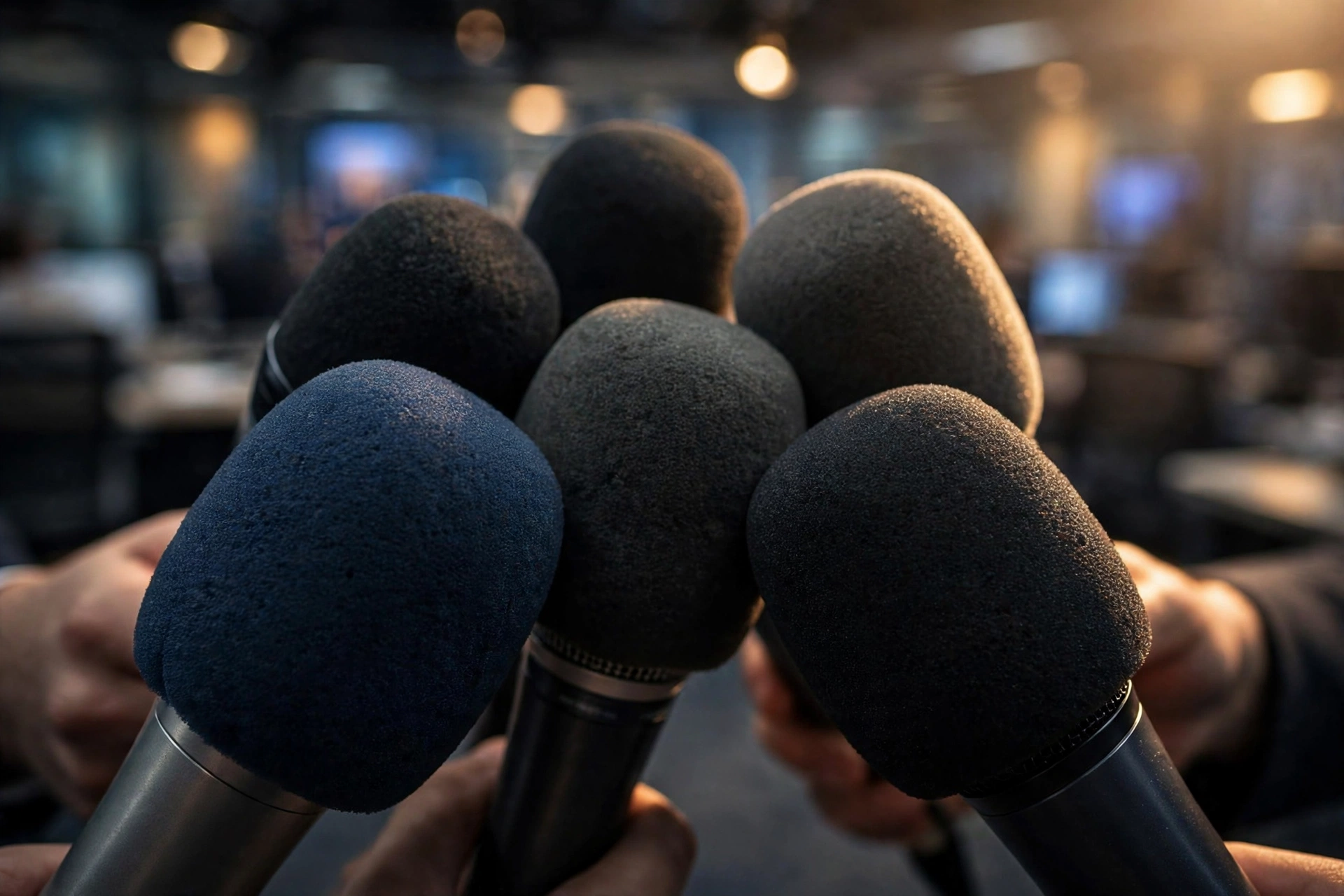 News microphones at a press briefing
