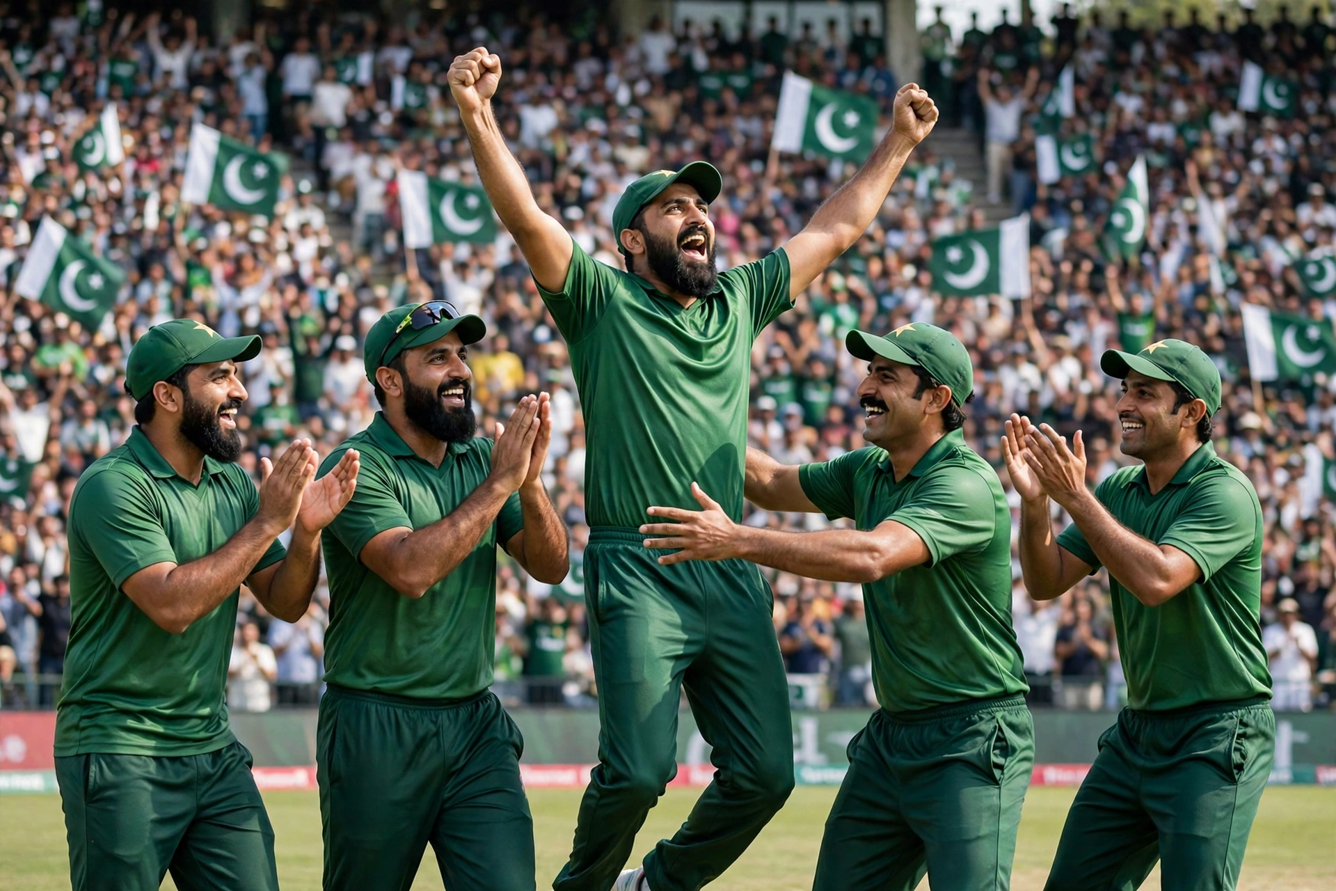 Pakistan cricket team celebrating in green jerseys