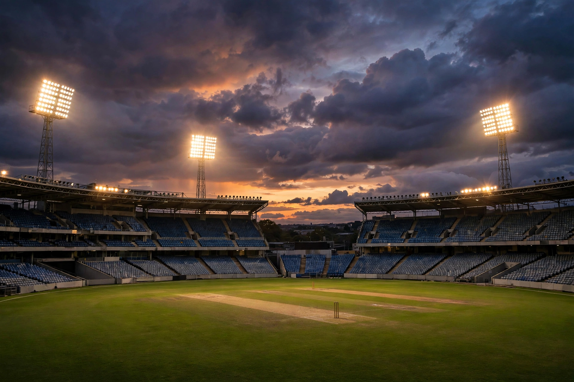 Cricket stadium floodlights at dusk over the pitch
