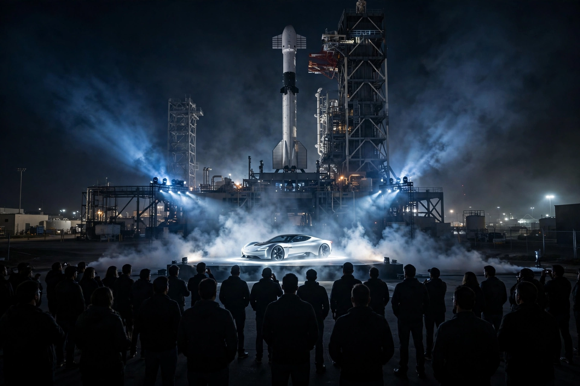 Tesla Roadster unveiling event at night